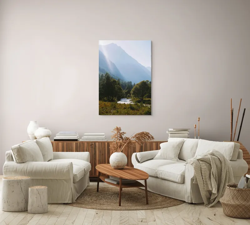 Tablou Canvas, "Râul strălucind printre munți majestoși", Munți, Râu, Copaci, Lumină, Cer, Natură, Pădure, Vârfuri, Verdeață, Peisaj, 70 x 100 cm – poza 4
