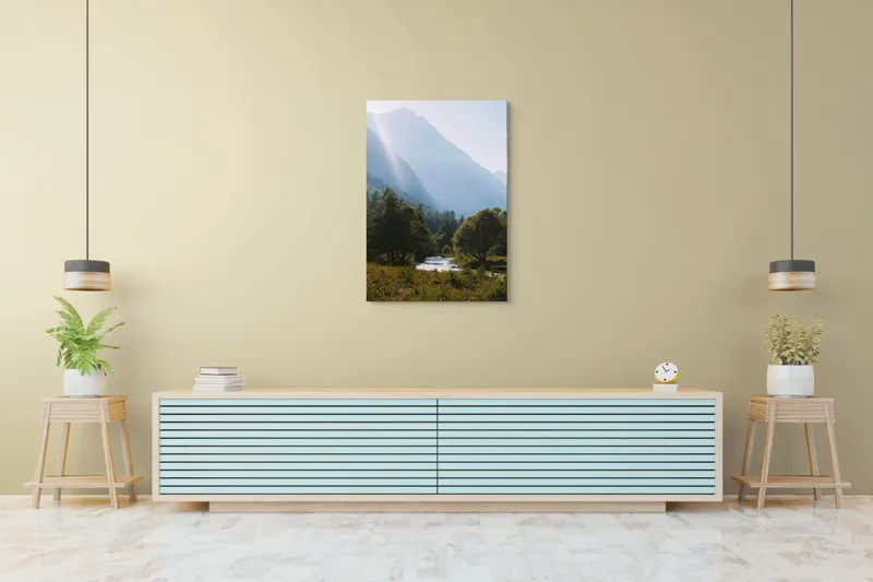 Tablou Canvas, "Râul strălucind printre munți majestoși", Munți, Râu, Copaci, Lumină, Cer, Natură, Pădure, Vârfuri, Verdeață, Peisaj, 70 x 100 cm – poza 5