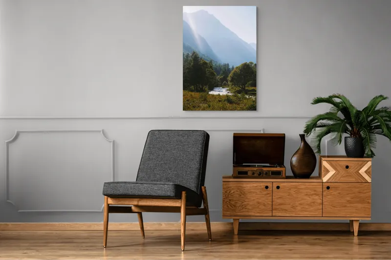 Tablou Canvas, "Râul strălucind printre munți majestoși", Munți, Râu, Copaci, Lumină, Cer, Natură, Pădure, Vârfuri, Verdeață, Peisaj, 70 x 100 cm – poza 6