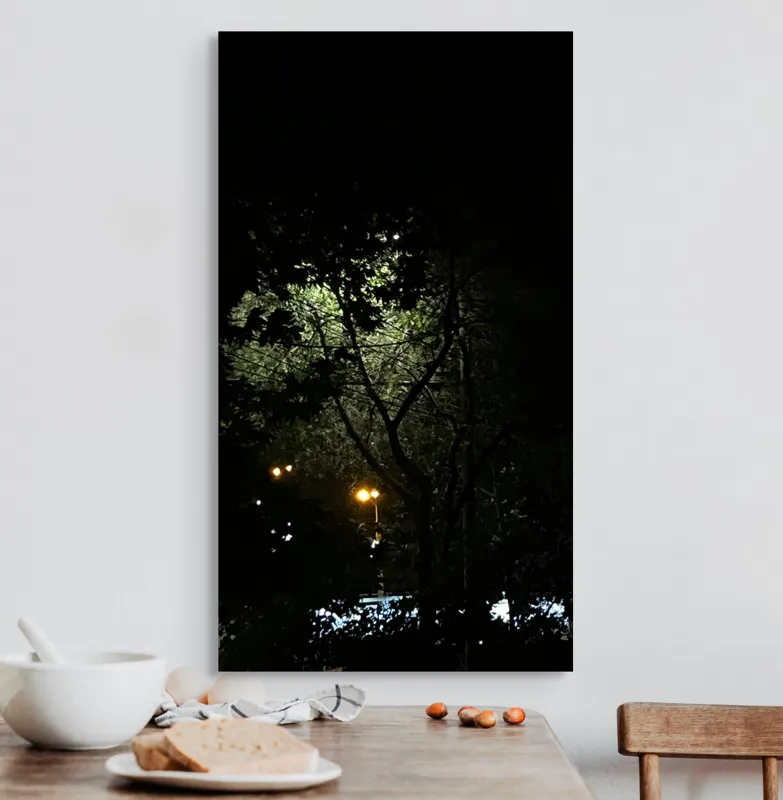 Tablou Canvas, "Lumina misterios ascunsă printre crengi", Întuneric, Lumină, Copaci, Noapte, Mister, Umbre, Iluminare, Natura, Calm, Strălucire, 50 x 90 cm – poza 3