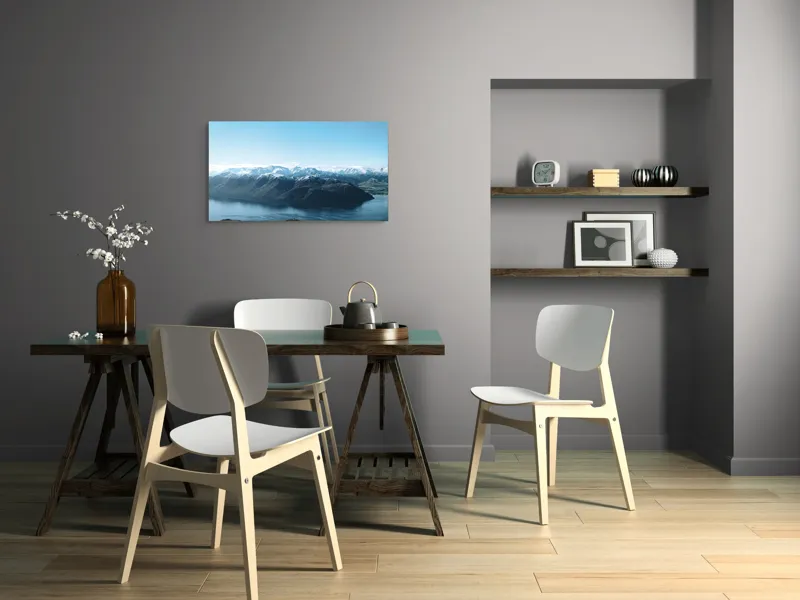 Tablou Canvas, "Vârfuri acoperite de zăpadă oglindite în lac", Munte, Lac, Cer, Nor, Zăpadă, 90 x 50 cm – poza 3