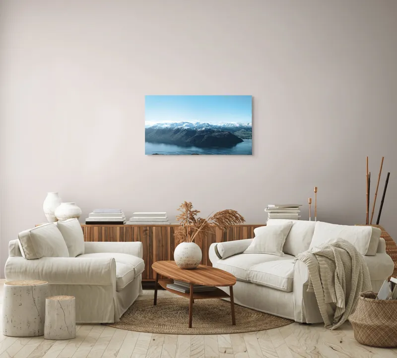 Tablou Canvas, "Vârfuri acoperite de zăpadă oglindite în lac", Munte, Lac, Cer, Nor, Zăpadă, 90 x 50 cm – poza 4