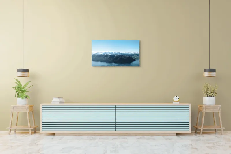 Tablou Canvas, "Vârfuri acoperite de zăpadă oglindite în lac", Munte, Lac, Cer, Nor, Zăpadă, 90 x 50 cm – poza 5