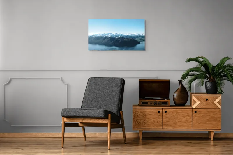 Tablou Canvas, "Vârfuri acoperite de zăpadă oglindite în lac", Munte, Lac, Cer, Nor, Zăpadă, 90 x 50 cm – poza 6