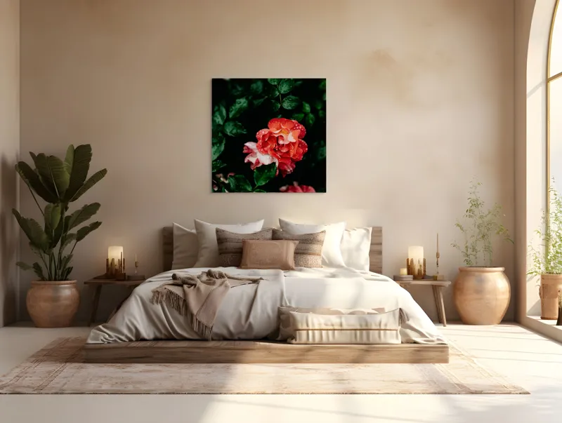 Tablou Canvas, "Flori de trandafir în ploaie liniștită", Roșu, Petale, Frunze, Rouă, Natură, Flori, Grădină, Prospețime, 100 x 100 cm – poza 4