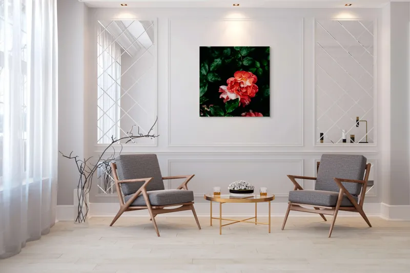 Tablou Canvas, "Flori de trandafir în ploaie liniștită", Roșu, Petale, Frunze, Rouă, Natură, Flori, Grădină, Prospețime, 100 x 100 cm – poza 7