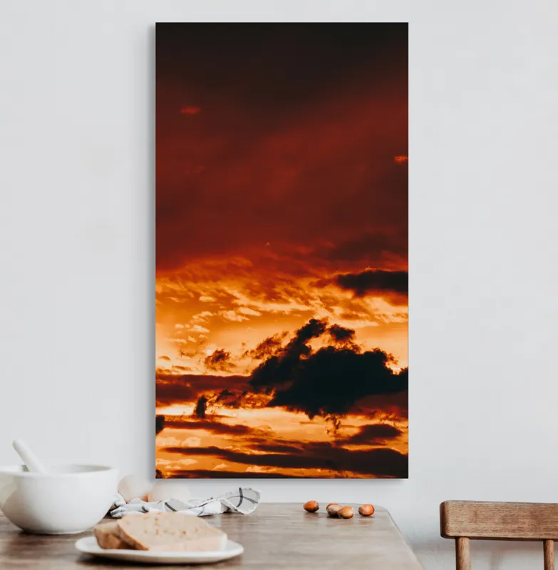 Tablou Canvas, "Cerul în flăcări la apus.", Cer, Foc, Nor, Apus, Dramatic, Intens, Înfocat, Strălucire, 50 x 90 cm – poza 3
