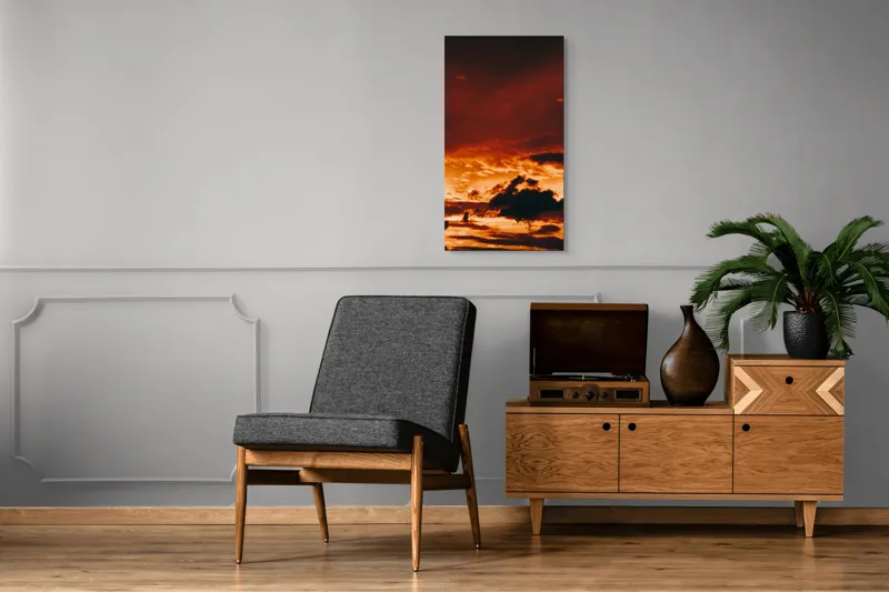 Tablou Canvas, "Cerul în flăcări la apus.", Cer, Foc, Nor, Apus, Dramatic, Intens, Înfocat, Strălucire, 50 x 90 cm – poza 8