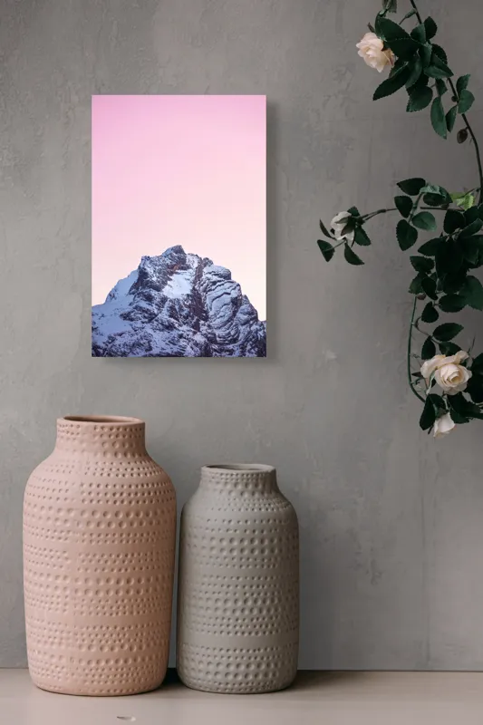 Tablou Canvas, "Vârf de munte în asfințit roz", Montană, Zăpadă, Senin, Răsărit, Liniște, Măreție, Natură, 26 x 39 cm – poza 6