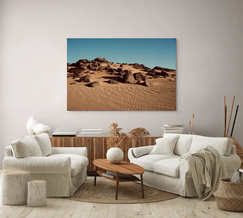 Tablou Canvas, "Roci solitare în pustiu nesfârșit", Piatră, Nisip, Dune, Cer, Pustiu, Valuri, Uscat, Cald, Natură, Peisaj, 150 x 100 cm – poza 3