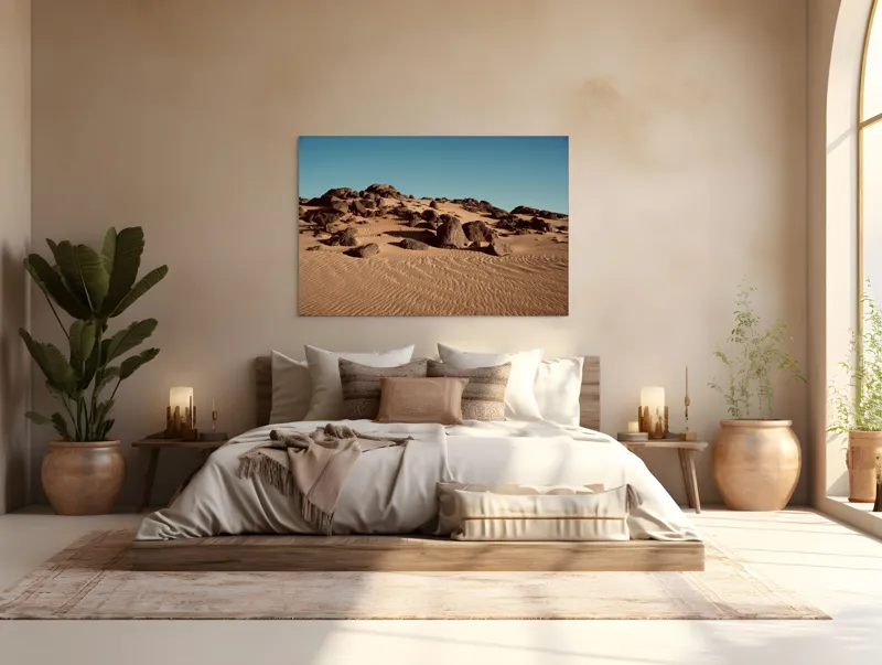 Tablou Canvas, "Roci solitare în pustiu nesfârșit", Piatră, Nisip, Dune, Cer, Pustiu, Valuri, Uscat, Cald, Natură, Peisaj, 150 x 100 cm – poza 4