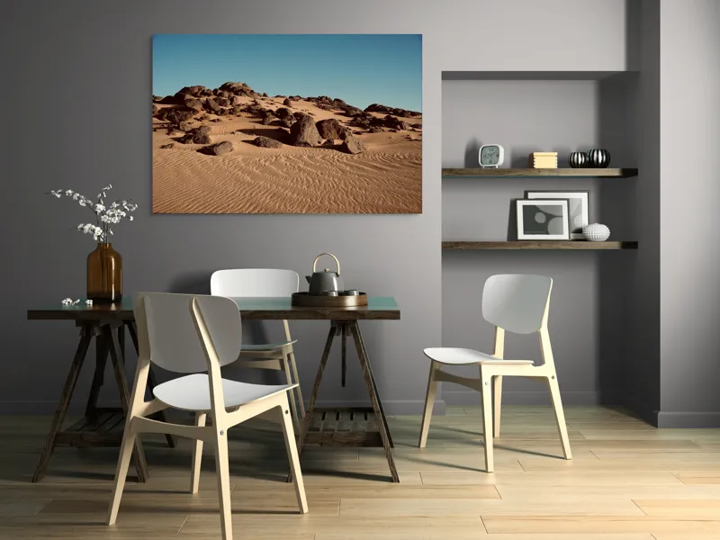 Tablou Canvas, "Roci solitare în pustiu nesfârșit", Piatră, Nisip, Dune, Cer, Pustiu, Valuri, Uscat, Cald, Natură, Peisaj, 150 x 100 cm – poza 5