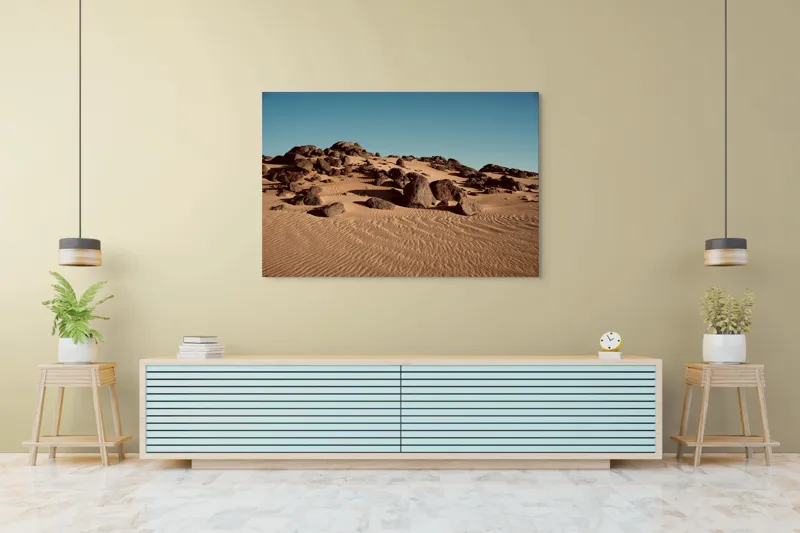 Tablou Canvas, "Roci solitare în pustiu nesfârșit", Piatră, Nisip, Dune, Cer, Pustiu, Valuri, Uscat, Cald, Natură, Peisaj, 150 x 100 cm – poza 6