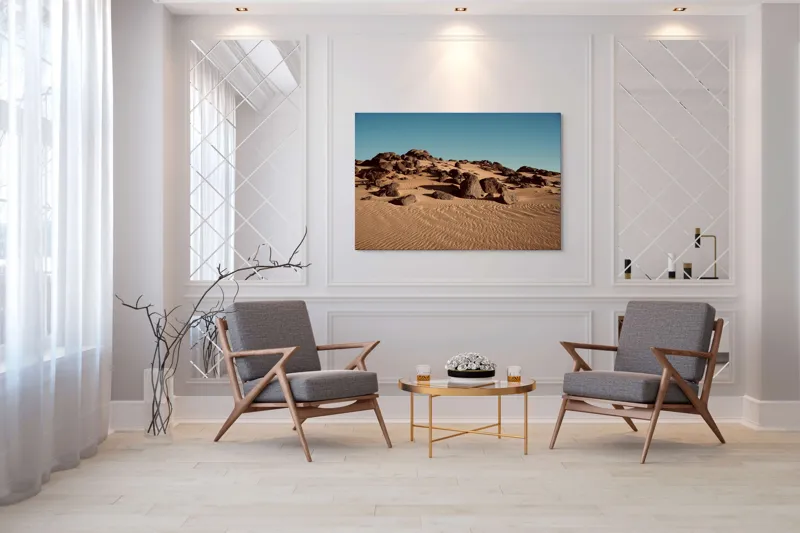 Tablou Canvas, "Roci solitare în pustiu nesfârșit", Piatră, Nisip, Dune, Cer, Pustiu, Valuri, Uscat, Cald, Natură, Peisaj, 150 x 100 cm – poza 7