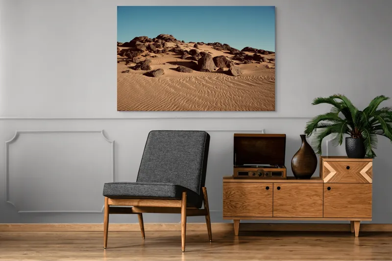 Tablou Canvas, "Roci solitare în pustiu nesfârșit", Piatră, Nisip, Dune, Cer, Pustiu, Valuri, Uscat, Cald, Natură, Peisaj, 150 x 100 cm – poza 8