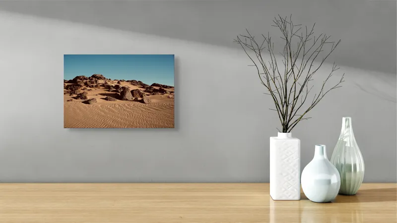 Tablou Canvas, "Roci solitare în pustiu nesfârșit", Piatră, Nisip, Dune, Cer, Pustiu, Valuri, Uscat, Cald, Natură, Peisaj, 39 x 26 cm – poza 8