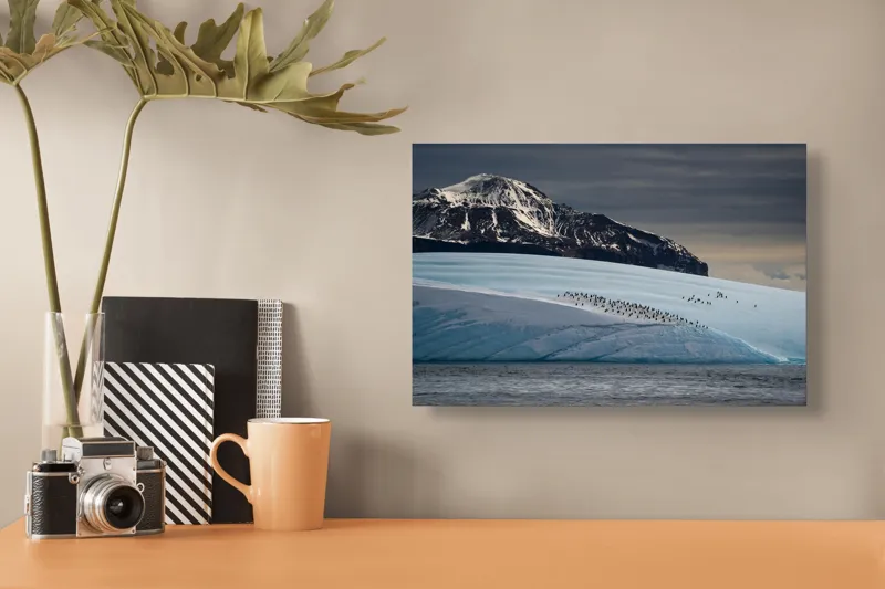 Tablou Canvas, "Pinguinii pe ghețarul albastru din larg", Munte, Ghețar, Pinguini, Cer Noros, Ocean, Gheață, Peisaj, Natură, Liniște, Frig, 39 x 26 cm – poza 3