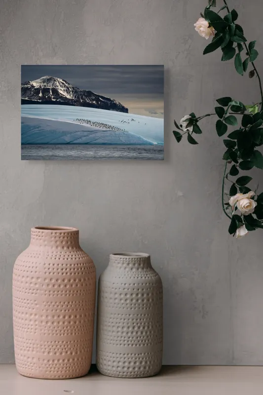 Tablou Canvas, "Pinguinii pe ghețarul albastru din larg", Munte, Ghețar, Pinguini, Cer Noros, Ocean, Gheață, Peisaj, Natură, Liniște, Frig, 39 x 26 cm – poza 4
