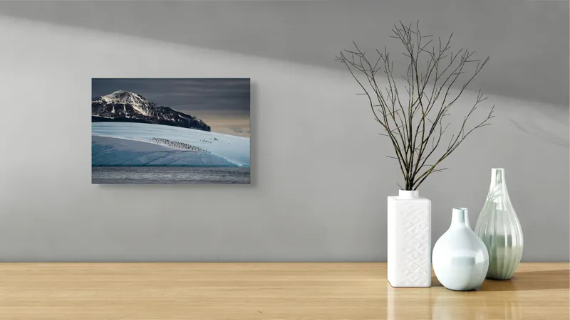 Tablou Canvas, "Pinguinii pe ghețarul albastru din larg", Munte, Ghețar, Pinguini, Cer Noros, Ocean, Gheață, Peisaj, Natură, Liniște, Frig, 39 x 26 cm – poza 8