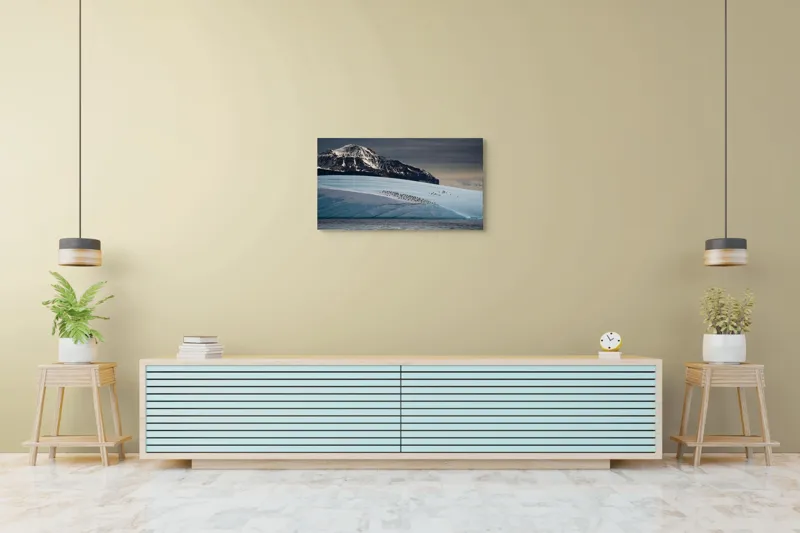 Tablou Canvas, "Pinguinii pe ghețarul albastru din larg", Munte, Ghețar, Pinguini, Cer Noros, Ocean, Gheață, Peisaj, Natură, Liniște, Frig, 90 x 50 cm – poza 5