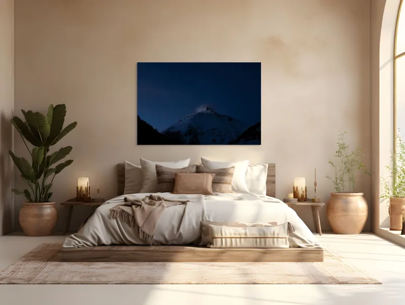Tablou Canvas, "Vârful montan luminat de amurg", Munți, Întuneric, Vârf, Zăpadă, Cer, Noapte, Răcoare, Mister, Liniște., 150 x 100 cm – poza 4