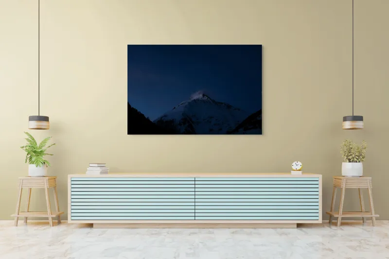 Tablou Canvas, "Vârful montan luminat de amurg", Munți, Întuneric, Vârf, Zăpadă, Cer, Noapte, Răcoare, Mister, Liniște., 150 x 100 cm – poza 6