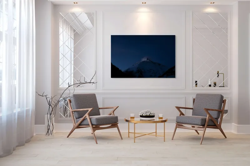 Tablou Canvas, "Vârful montan luminat de amurg", Munți, Întuneric, Vârf, Zăpadă, Cer, Noapte, Răcoare, Mister, Liniște., 150 x 100 cm – poza 7