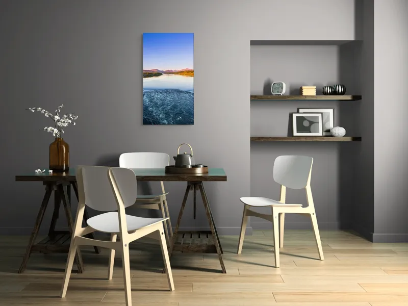 Tablou Canvas, "Răsărit pe lacul liniștit albastru", Cer, Munți, Râu, Reflexie, Apus, Peisaj, Natură, Valuri, Orizont, Calm., 50 x 90 cm – poza 4