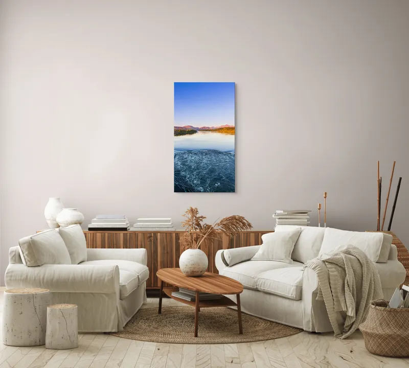 Tablou Canvas, "Răsărit pe lacul liniștit albastru", Cer, Munți, Râu, Reflexie, Apus, Peisaj, Natură, Valuri, Orizont, Calm., 50 x 90 cm – poza 7
