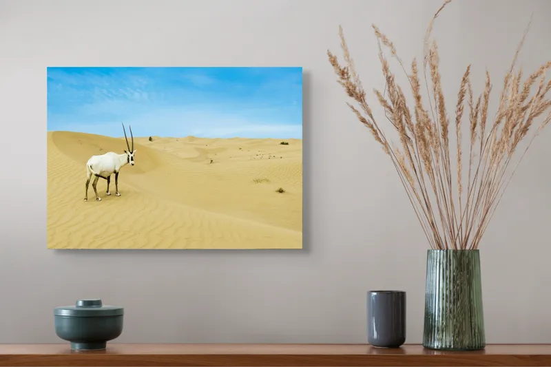 Tablou Canvas, "Oryx singur în deșertul nesfârșit", Antilopă, Deșert, Dune, Cer, Solitudine, Calm, Natură, Zare, Puritate, Armonie, 54 x 39 cm – poza 4