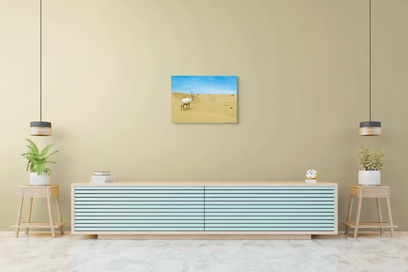 Tablou Canvas, "Oryx singur în deșertul nesfârșit", Antilopă, Deșert, Dune, Cer, Solitudine, Calm, Natură, Zare, Puritate, Armonie, 70 x 50 cm – poza 7