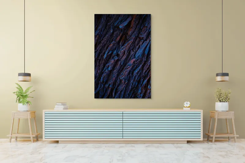 Tablou Canvas, "Texturi de scoarță în penumbră albastră", Textură, Rugozitate, Adâncime, Contrast, Albastru, Natură, Scoarță, Mister, Organic, Pământesc, 100 x 150 cm – poza 4