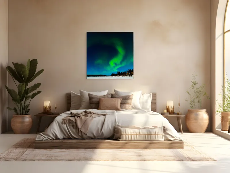 Tablou Canvas, "Aurora boreală dansând pe cerul nordic", Aurore, Lumină, Cer, Noapte, Minune, Verde, Șerpuire, Stele, Frig, Încântare, 100 x 100 cm – poza 4