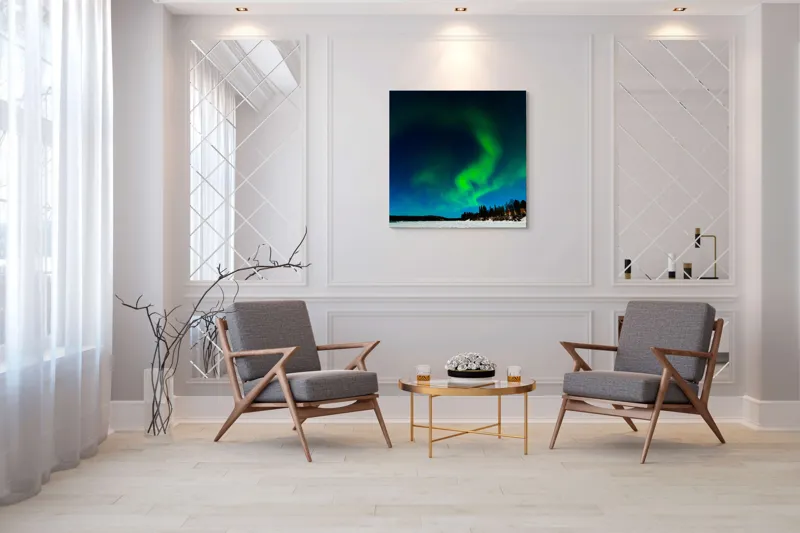 Tablou Canvas, "Aurora boreală dansând pe cerul nordic", Aurore, Lumină, Cer, Noapte, Minune, Verde, Șerpuire, Stele, Frig, Încântare, 100 x 100 cm – poza 7