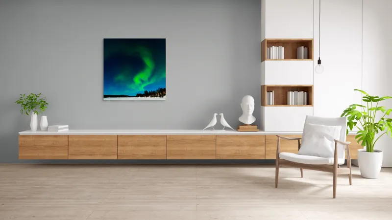 Tablou Canvas, "Aurora boreală dansând pe cerul nordic", Aurore, Lumină, Cer, Noapte, Minune, Verde, Șerpuire, Stele, Frig, Încântare, 100 x 100 cm – poza 8