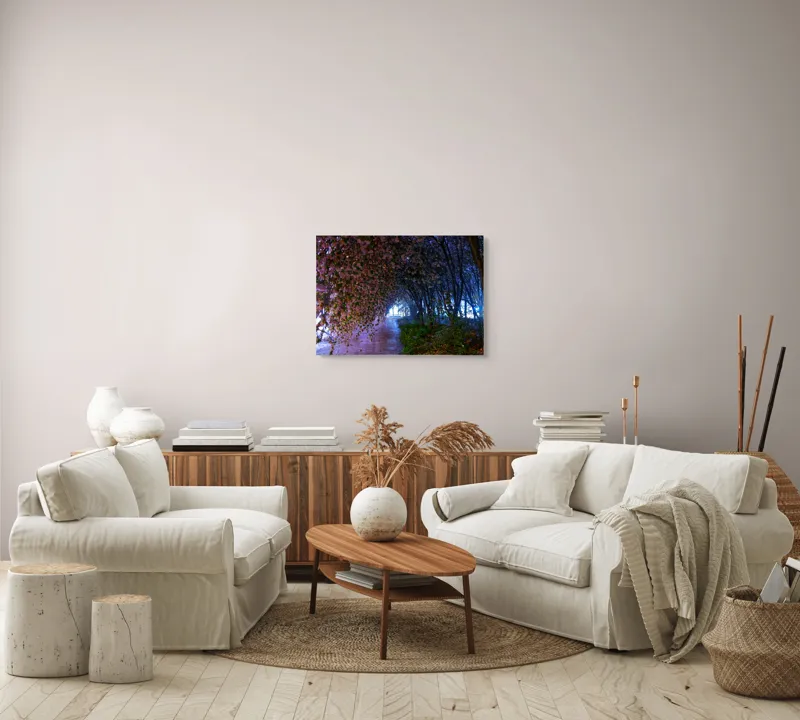 Tablou Canvas, "Aleea înflorită sub lumina lunii", Flori, Tunel, Lumină, Drum, Noapte, Natură, Mister, Arbore, Petale, Umbre, 70 x 50 cm – poza 6