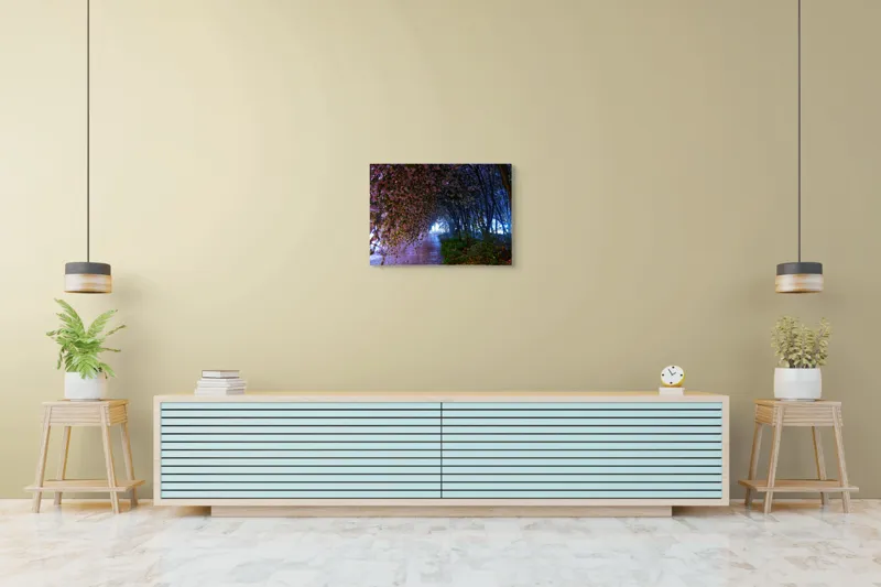 Tablou Canvas, "Aleea înflorită sub lumina lunii", Flori, Tunel, Lumină, Drum, Noapte, Natură, Mister, Arbore, Petale, Umbre, 70 x 50 cm – poza 7