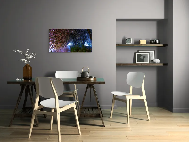 Tablou Canvas, "Aleea înflorită sub lumina lunii", Flori, Tunel, Lumină, Drum, Noapte, Natură, Mister, Arbore, Petale, Umbre, 90 x 50 cm – poza 3
