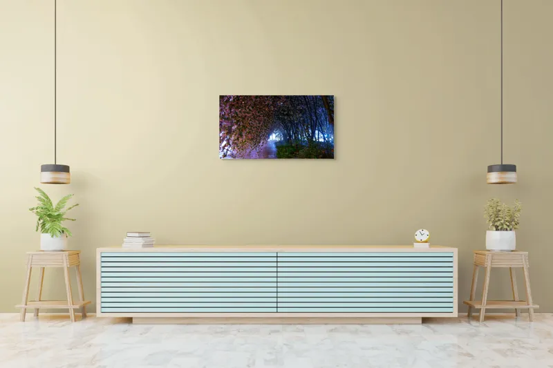 Tablou Canvas, "Aleea înflorită sub lumina lunii", Flori, Tunel, Lumină, Drum, Noapte, Natură, Mister, Arbore, Petale, Umbre, 90 x 50 cm – poza 5