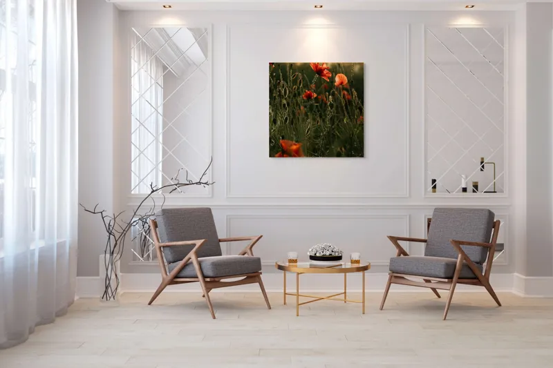 Tablou Canvas, "Răsărit peste câmpul de maci", Maci, Apus, Frumusețe, Natură, Lumină, Verdeață, Delicatețe, Culoare, 100 x 100 cm – poza 7