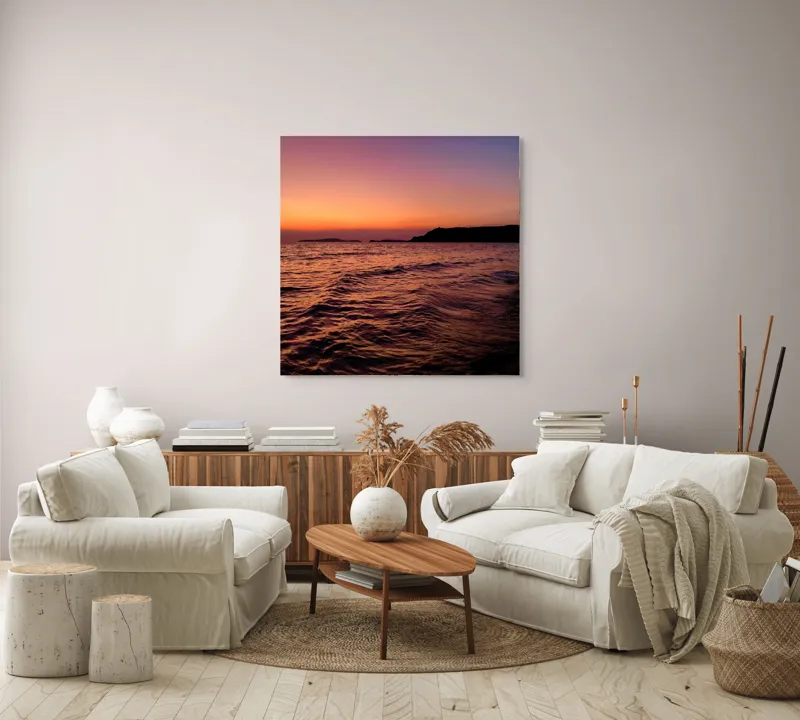 Tablou Canvas, "Apus de soare pe malul mării", Apus, Ocean, Cer, Orizont, Insulă, Lumină, Valuri, 100 x 100 cm – poza 3