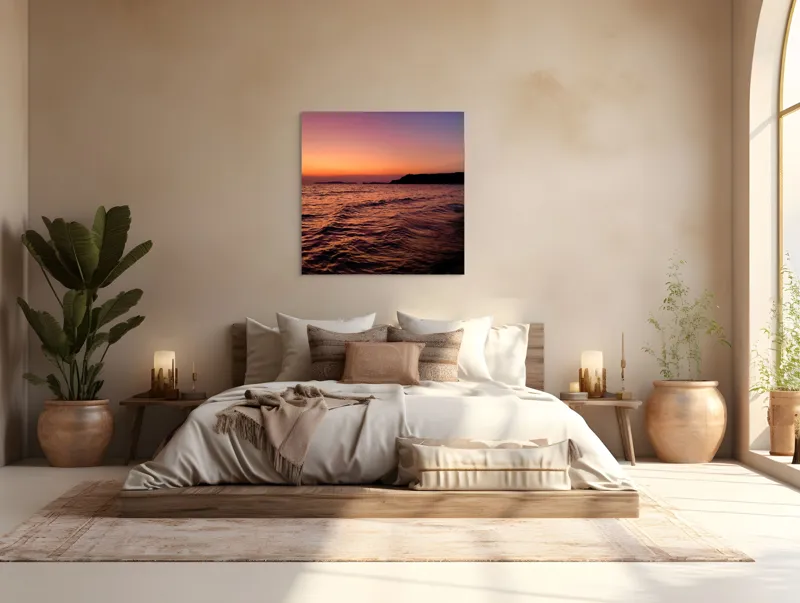 Tablou Canvas, "Apus de soare pe malul mării", Apus, Ocean, Cer, Orizont, Insulă, Lumină, Valuri, 100 x 100 cm – poza 4