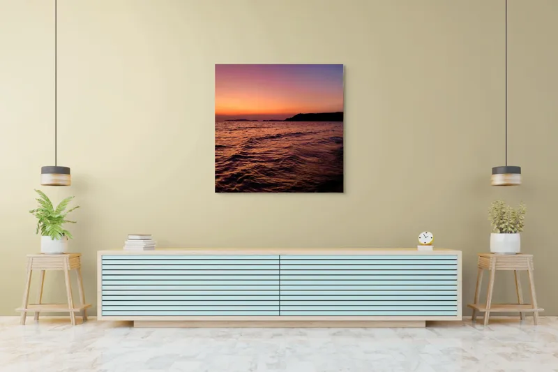 Tablou Canvas, "Apus de soare pe malul mării", Apus, Ocean, Cer, Orizont, Insulă, Lumină, Valuri, 100 x 100 cm – poza 5
