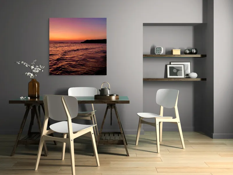 Tablou Canvas, "Apus de soare pe malul mării", Apus, Ocean, Cer, Orizont, Insulă, Lumină, Valuri, 100 x 100 cm – poza 6