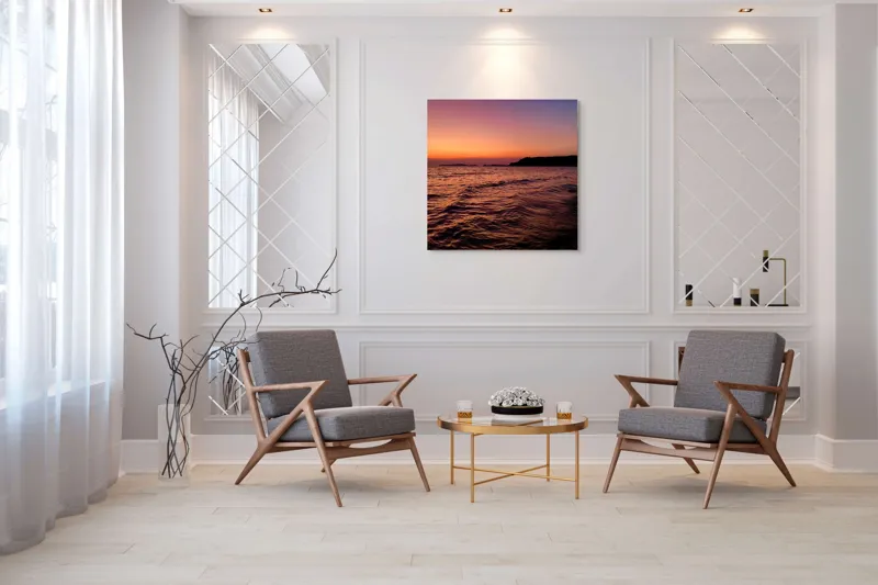 Tablou Canvas, "Apus de soare pe malul mării", Apus, Ocean, Cer, Orizont, Insulă, Lumină, Valuri, 100 x 100 cm – poza 7