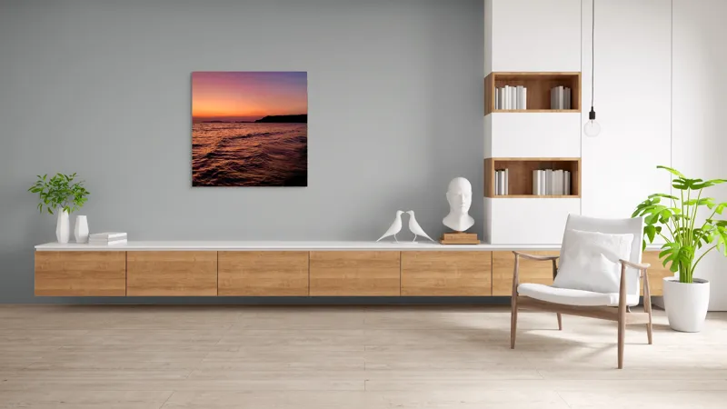 Tablou Canvas, "Apus de soare pe malul mării", Apus, Ocean, Cer, Orizont, Insulă, Lumină, Valuri, 100 x 100 cm – poza 8