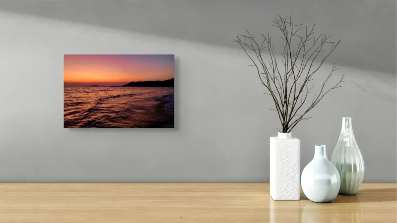 Tablou Canvas, "Apus de soare pe malul mării", Apus, Ocean, Cer, Orizont, Insulă, Lumină, Valuri, 39 x 26 cm – poza 8