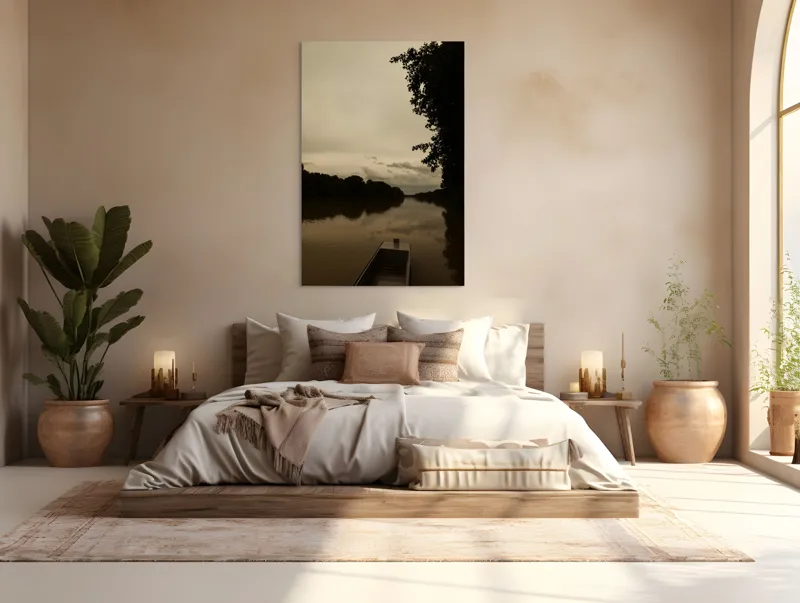 Tablou Canvas, "Barca singuratică pe râu tăcut", Calm, Tranquil, Reflective, Overcast, Serene, Silent, Peaceful, Moody, Coastal, Verdant, 100 x 150 cm – poza 3