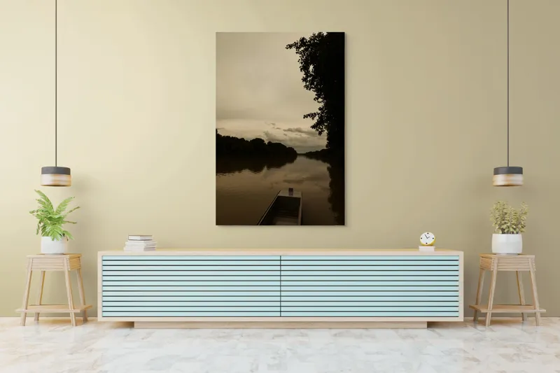 Tablou Canvas, "Barca singuratică pe râu tăcut", Calm, Tranquil, Reflective, Overcast, Serene, Silent, Peaceful, Moody, Coastal, Verdant, 100 x 150 cm – poza 4