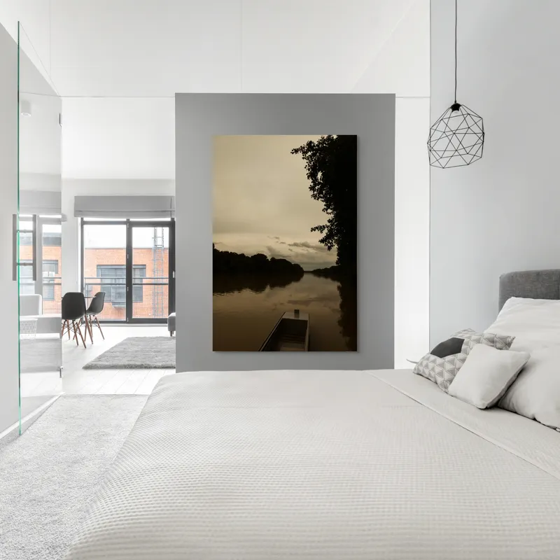 Tablou Canvas, "Barca singuratică pe râu tăcut", Calm, Tranquil, Reflective, Overcast, Serene, Silent, Peaceful, Moody, Coastal, Verdant, 100 x 150 cm – poza 5